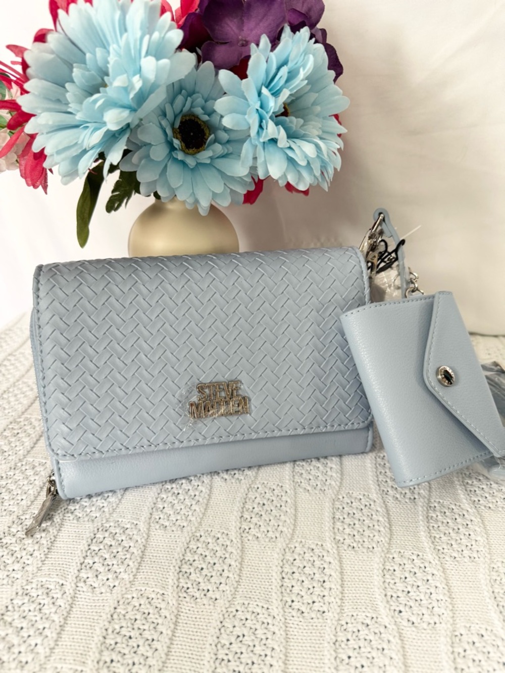 Steve Madden Light Blue Woven Crossbody Bag with Key Pouch